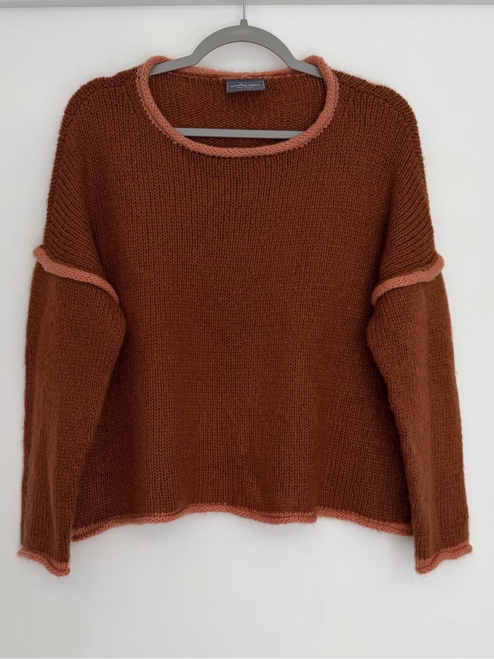 Wooden Ships "Eliza" Mohair Wool Blend Rusty Brown Pink Trim Scoop Neck Sweater